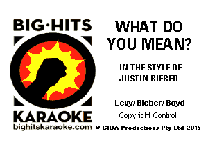 BlG-HITS WHAT DO
V YOU MEAN?

IN THE STYLE 0F
JUSTIN BIEBER

k A Levy! Bieber! Boyd

KARAO KE Conyright Control

bighitskaraokecom e CIDA Productions Pt, mi 2015