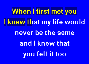 When I first met you

lknew that my life would

never be the same
and I knew that
you felt it too