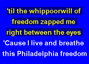 'til the whippoorwill of
freedom zapped me
right between the eyes
'Cause I live and breathe
this Philadelphia freedom