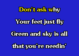 Don't ask why
Your feet just fly
Green and sky is all

that you're needin'