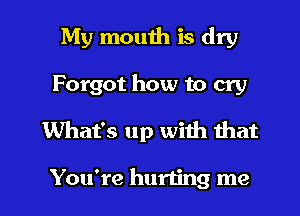 My mouth is dry
Forgot how to cry
What's up with that

You're hurting me I