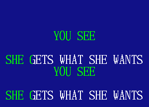 YOU SEE

SHE GETS WHAT SHE WANTS
YOU SEE

SHE GETS WHAT SHE WANTS