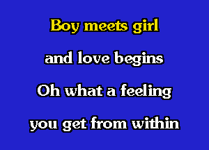 Boy meets girl
and love begins

Oh what a feeling

you get from within