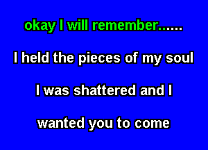 okay I will remember ......

I held the pieces of my soul

I was shattered and I

wanted you to come