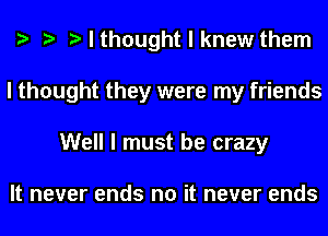 I I I I thought I knew them
I thought they were my friends
Well I must be crazy

It never ends no it never ends