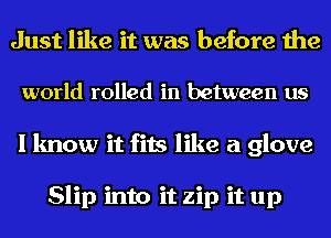 Just like it was before the
world rolled in between us
I know it fits like a glove

Slip into it zip it up