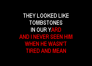 THEY LOOKED LIKE
TOMBSTONES
IN OUR YARD

AND I NEVER SEEN HIM
WHEN HE WASN'T
TIRED AND MEAN