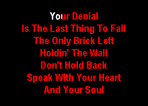 Your Denial
Is The Last Thing To Fall
The Only Brick Left
Holdin' The Wall

Don't Hold Back
Speak With Your Heart
And Your Soul