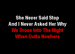 She Never Said Stop
And I Never Asked Her Why

We Drove Into The Night
When Outta Nowhere