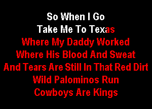So When I Go
Take Me To Texas
Where My Daddy Worked
Where His Blood And Sweat
And Tears Are Still In That Red Dirt
Wild Palominos Run
Cowboys Are Kings