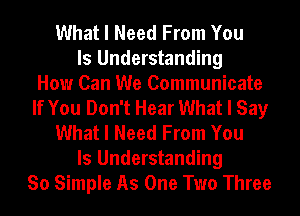 What I Need From You
Is Understanding
How Can We Communicate
If You Don't Hear What I Say
What I Need From You
Is Understanding
So Simple As One Two Three