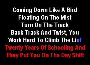Coming Down Like A Bird
Floating On The Mist
Turn On The Track
Back Track And Twist, You
Work Hard To Climb The List
Twenty Years Of Schooling And
They Put You On The Day Shift