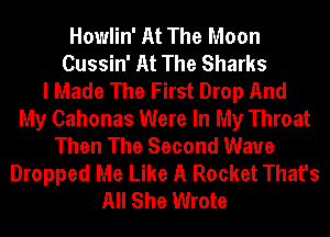 Howlin' At The Moon
Cussin' At The Sharks
I Made The First Drop And
My Cahonas Were In My Throat
Then The Second Wave
Dropped Me Like A Rocket That's
All She Wrote