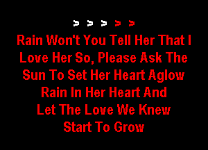 33333

Rain Won't You Tell Her That I
Love Her So, Please Ask The
Sun To Set Her Heart Aglow

Rain In Her Heart And
Let The Love We Knew
Start To Grow