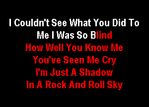 l Couldn't See What You Did To
Me I Was 80 Blind
How Well You Know Me

You've Seen Me Cry
I'm Just A Shadow
In A Rock And Roll Sky