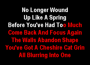 No Longer Wound
Up Like A Spring
Before You'ue Had Too Much
Come Back And Focus Again
The Walls Abandon Shape
You've Got A Cheshire Cat Grin
All Blurring Into One