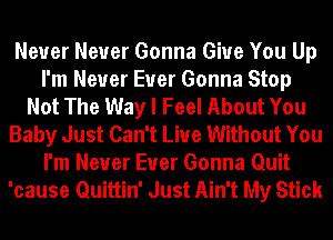 Never Never Gonna Give You Up
I'm Never Euer Gonna Stop
Not The Way I Feel About You
Baby Just Can't Live Without You
I'm Never Euer Gonna Quit
'cause Quittin' Just Ain't My Stick