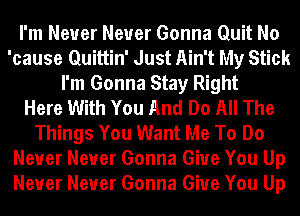 I'm Never Never Gonna Quit No
'cause Quittin' Just Ain't My Stick
I'm Gonna Stay Right
Here With You And Do All The
Things You Want Me To Do
Never Never Gonna Give You Up
Never Never Gonna Give You Up