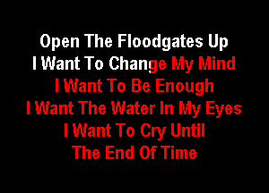 Open The Floodgates Up
I Want To Change My Mind
I Want To Be Enough
I Want The Water In My Eyes
I Want To Cry Until
The End Of Time