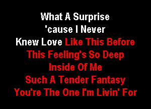 What A Surprise
'cause I Never
Knew Love Like This Before
This Feeling's So Deep
Inside Of Me
Such A Tender Fantasy
You're The One I'm Liuin' For