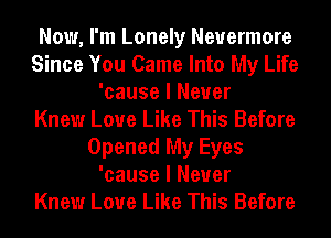 Now, I'm Lonely Nevermore
Since You Came Into My Life
'cause I Never
Knew Love Like This Before
Opened My Eyes
'cause I Never
Knew Love Like This Before