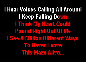 I Hear Voices Calling All Around
I Keep Falling Down
I Think My Heart Could
Pound Right Out Of Me
I See A Million Different Ways
To Never Leave
This Maze Alive...