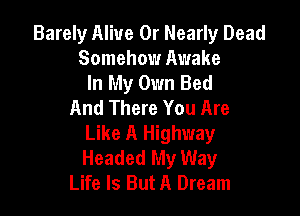 Barely Alive 0r Nearly Dead
Somehow Awake
In My Own Bed
And There You Are

Like A Highway
Headed My Way
Life Is But A Dream