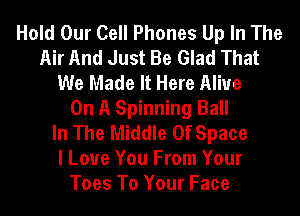 Hold Our Cell Phones Up In The
Air And Just Be Glad That
We Made It Here Alive
On A Spinning Ball
In The Middle Of Space
I Love You From Your
Toes To Your Face