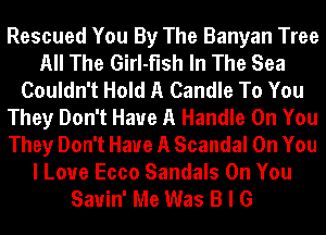Rescued You By The Banyan Tree
All The Girl-flsh In The Sea
Couldn't Hold A Candle To You
They Don't Have A Handle On You
They Don't Have A Scandal On You
I Love Ecco Sandals On You
Sauin' Me Was B I G