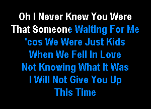 Oh I Never Knew You Were
That Someone Waiting For Me
'cos We Were Just Kids
When We Fell In Love
Not Knowing What It Was
I Will Not Give You Up
This Time
