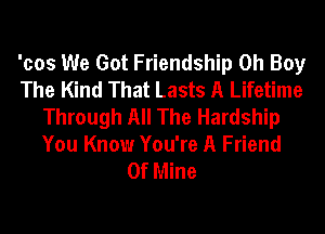 'cos We Got Friendship Oh Boy
The Kind That Lasts A Lifetime
Through All The Hardship

You Know You're A Friend
Of Mine