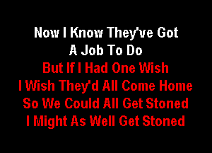 Now I Know They've Got
A Job To Do
But lfl Had One Wish

lWish They'd All Come Home
So We Could All Get Stoned
I Might As Well Get Stoned