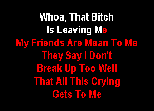 Whoa, That Bitch
Is Leaving Me
My Friends Are Mean To Me
They Say I Don't

Break Up Too Well
That All This Crying
Gets To Me