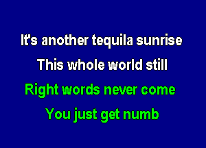 It's another tequila sunrise
This whole world still
Right words never come

You just get numb