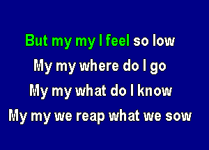 But my my I feel so low

My my where do I go

My my what do I know
My my we reap what we sow