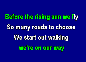 Before the rising sun we fly
So many roads to choose

We start out walking

we're on our way