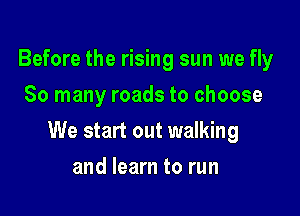Before the rising sun we fly
So many roads to choose

We start out walking

and learn to run