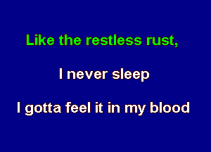 Like the restless rust,

I never sleep

I gotta feel it in my blood