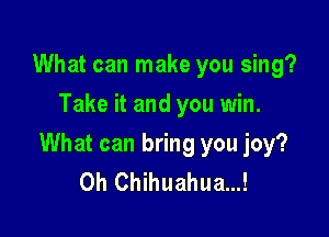 What can make you sing?
Take it and you win.

What can bring you joy?
0h Chihuahua...!