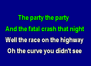 The party the party
And the fatal crash that night
Well the race on the highway

Oh the curve you didn't see
