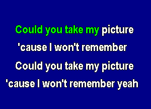 Could you take my picture
'cause I won't remember

Could you take my picture
'cause I won't remember yeah