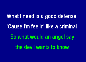 What I need is a good defense

'Cause I'm feelin' like a criminal

So what would an angel say

the devil wants to know