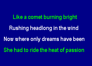 Like a comet burning bright
Rushing headlong in the wind
Now where only dreams have been

She had to ride the heat of passion