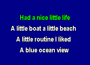 Had a nice little life
A little boat a little beach

A little routine I liked
A blue ocean view