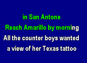 in San Antone
Reach Amarillo by morning

All the counter boys wanted

a view of her Texas tattoo