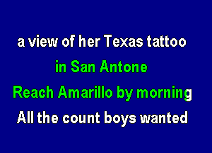 a view of her Texas tattoo
in San Antone

Reach Amarillo by morning

All the count boys wanted