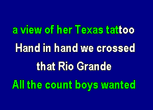a view of her Texas tattoo
Hand in hand we crossed
that Rio Grande

All the count boys wanted