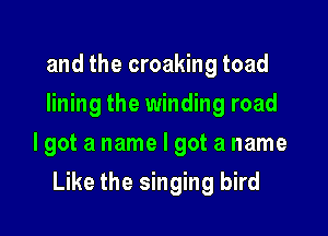 and the croaking toad
lining the winding road
lgot a name I got a name

Like the singing bird