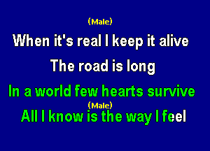 (Male)

When it's real I keep it alive
The road is long

In a world few hearts survive
(Male)

All I know is the way I feel