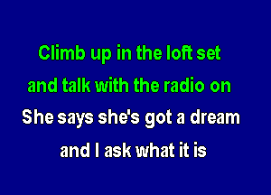 Climb up in the loft set

and talk with the radio on
She says she's got a dream

and I ask what it is